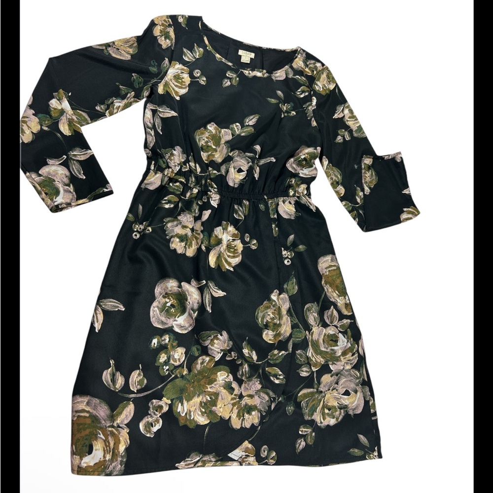 J.Crew Floral Long Sleeve Mini Dress Women Size 4 Black Gold‎ Green Luxury Poly